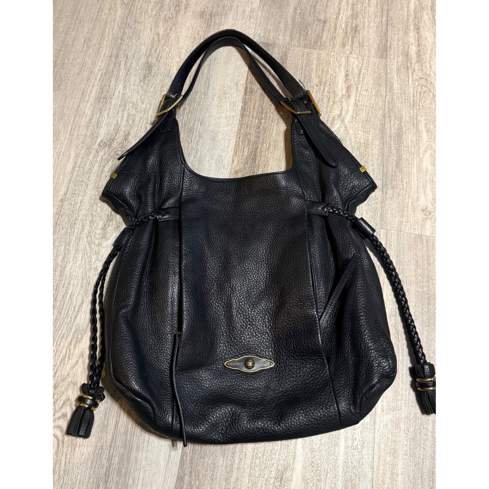 Elliott Lucca Black Pebbled Leather Hobo Bag Braided Tassel T1011